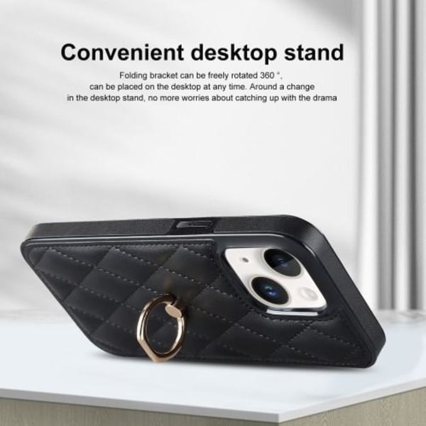 iPhone 14 Etui Rhombus Grid Pattern Bagcoverring Kickstand - Sort Black