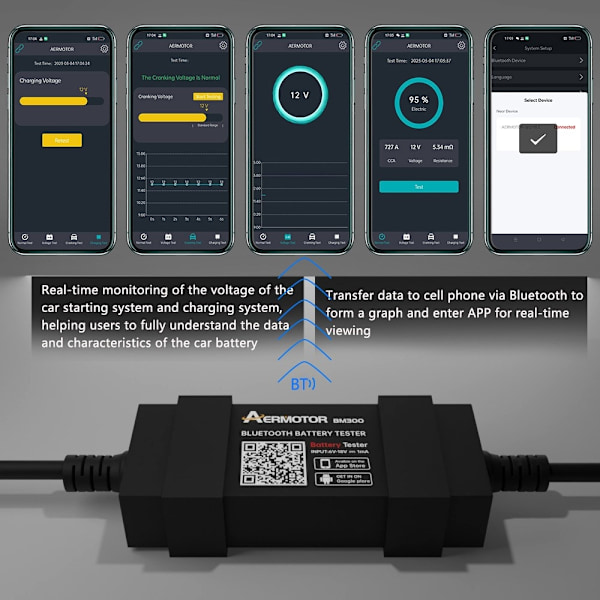 Tester for bilbatteri 12V, ladestartanalysator for Android og iOS Black