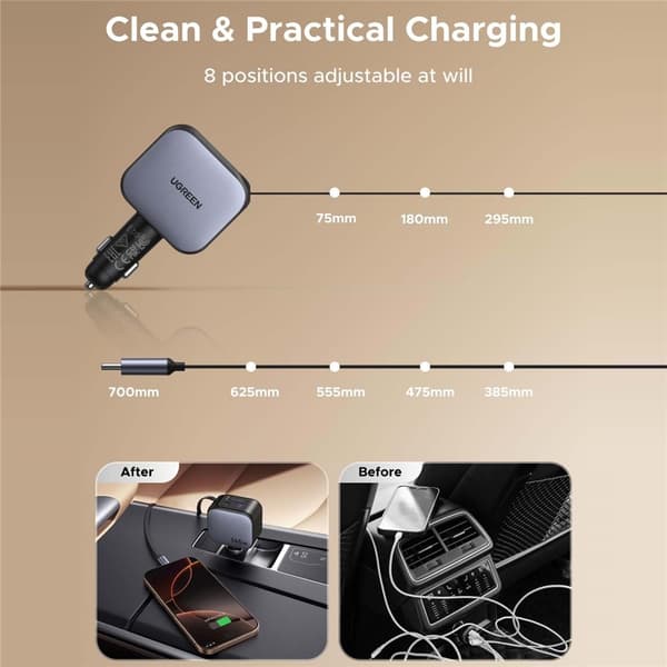 UGREEN 100W hurtig oplader bil (USB-A + 2 USB-C-porte) med indtrækkeligt 60W USB-C-kabel Black