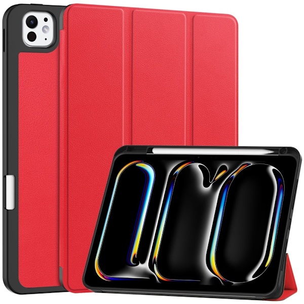 Etui for iPad Pro 11 (2024) med Tri-fold Stativ, Tablettdeksel med Penneholder Red