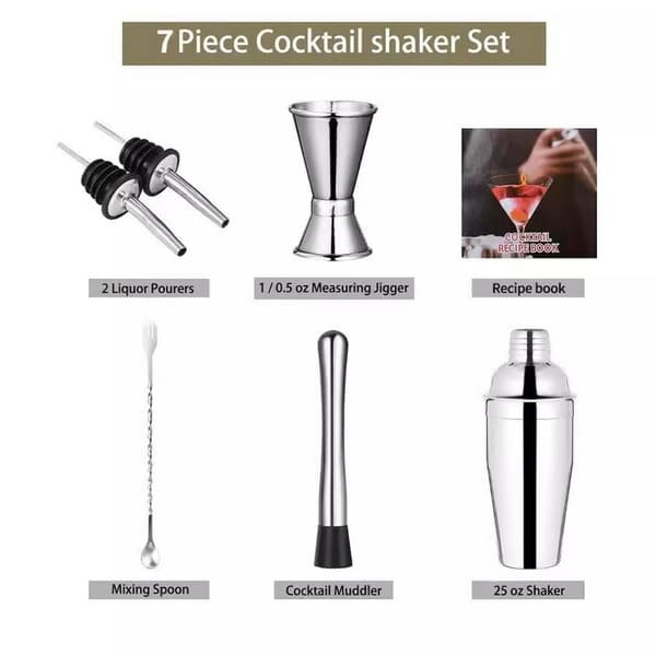 Cocktailset 7 delar shaker mått jigger muddler barsked hällpipar receptbok Silver