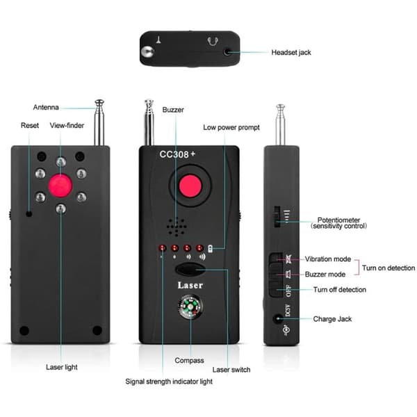 Detektor til kamera, RF, GSM, aflytningsudstyr og GPS-tracker – detektor til skjult udstyr Black