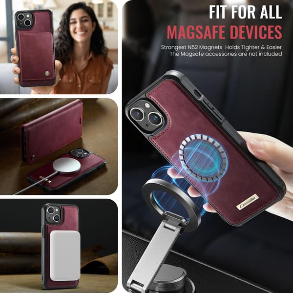 CASEME Til iPhone 15 Lommebokdeksel Magnetisk Avtakbar RFID Beskyttelse Red