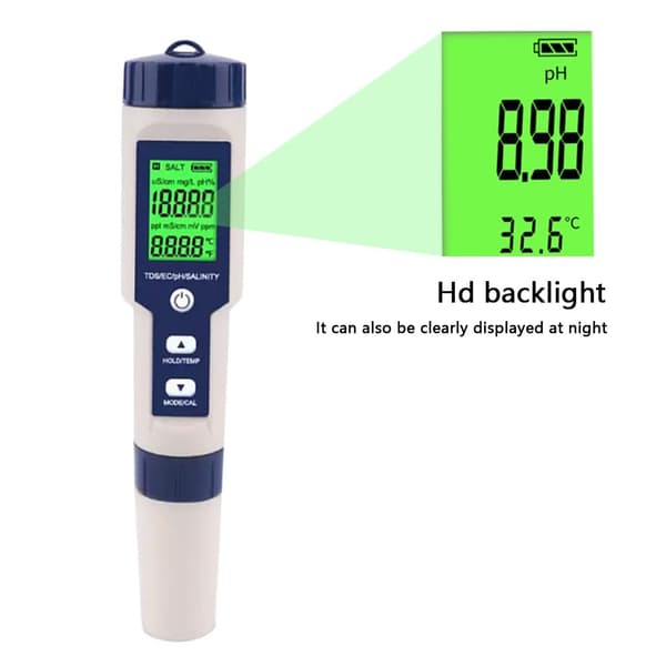 5-i-1 test for vann kvalitet EC pH TDS Temperatur Saltholdighet Grey