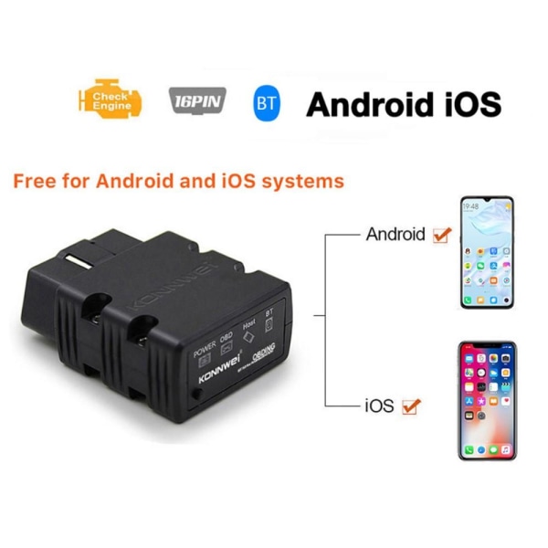 KONNWEI Bluetooth ELM327 OBD2 IOS Android bilkodläsare Svart