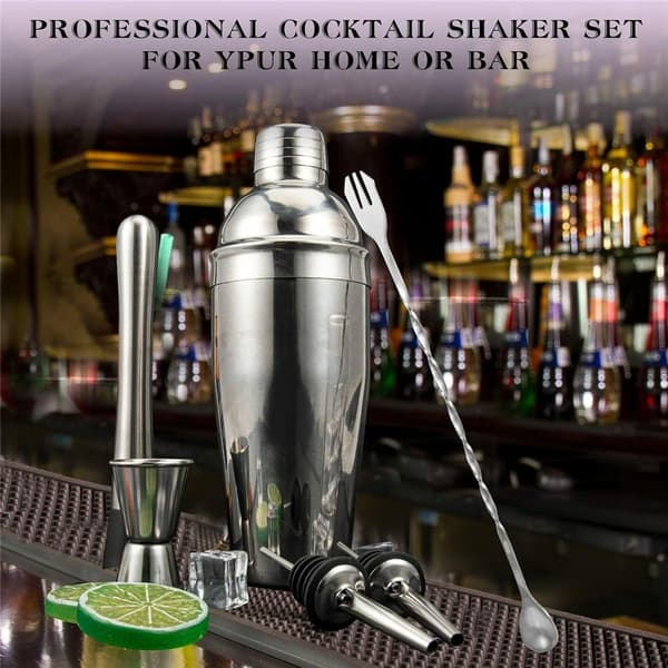 Cocktailset 7 delar shaker mått jigger muddler barsked hällpipar receptbok Silver