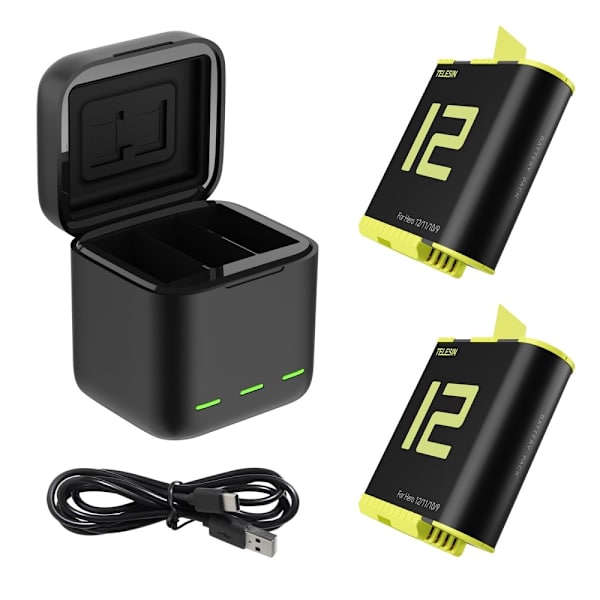 TELESIN for GoPro Hero 12 11 10 9 ladestasjon med 2 batterier Black