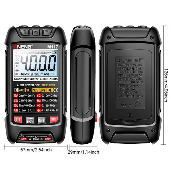Multimeter Auto-Ranging Digital Tester Intelligent Multi Tester Svart