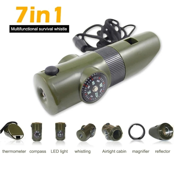 7 i 1 Visselpipa Hög Decibel Survival Whistle Ficklampa Kompass Termometer mm Grön one size