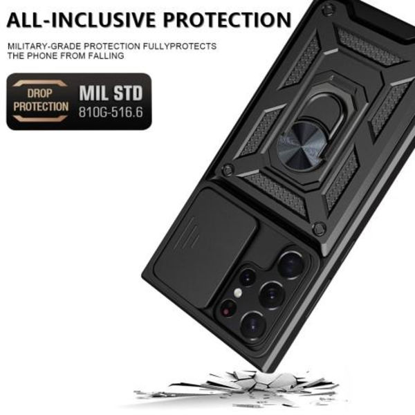 Samsung Galaxy S23 Ultra iskunkestävä TPU+PC Kickstand Puhelinkotelo Autoteline Metallilevy - Musta Black