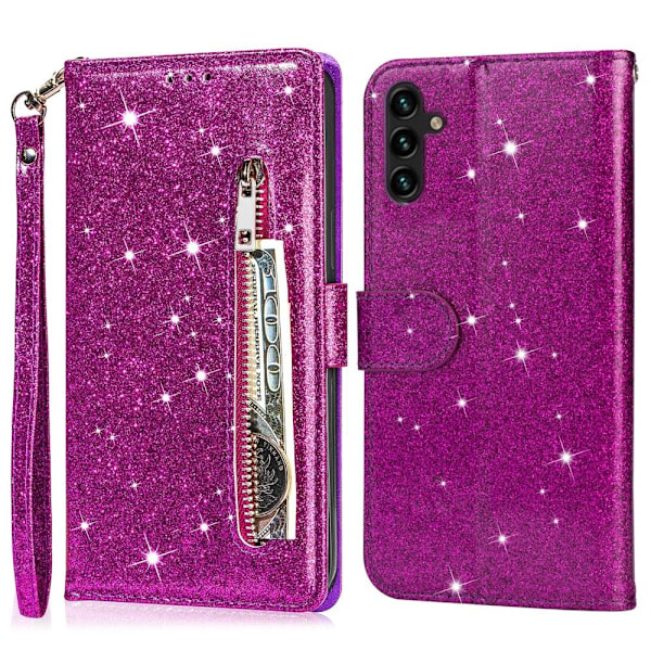 För Samsung Galaxy A56 5G Ställbart Glitterfodral med Dragkedjeficka - Purple Lila