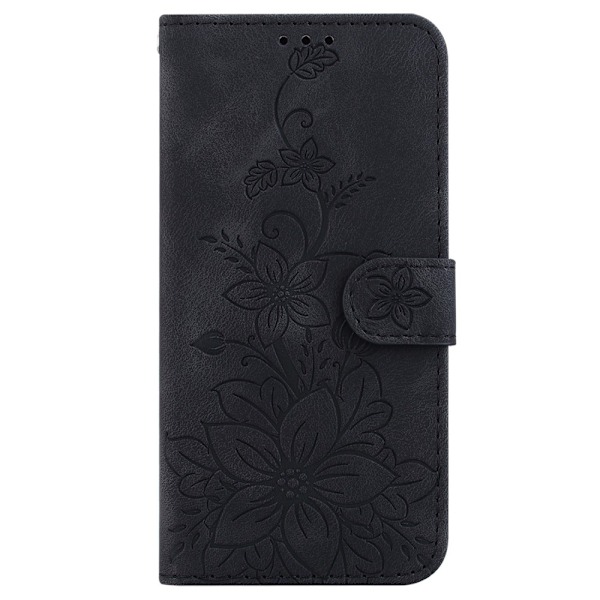 Xiaomi Redmi 14C 4G Suojakuori Lily Flower Imprint Nahkainen Puhelinsuojus Jalustalla Black