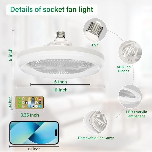 Loftsventilator E27 Roterbar mini blæser lampe fjernbetjening White