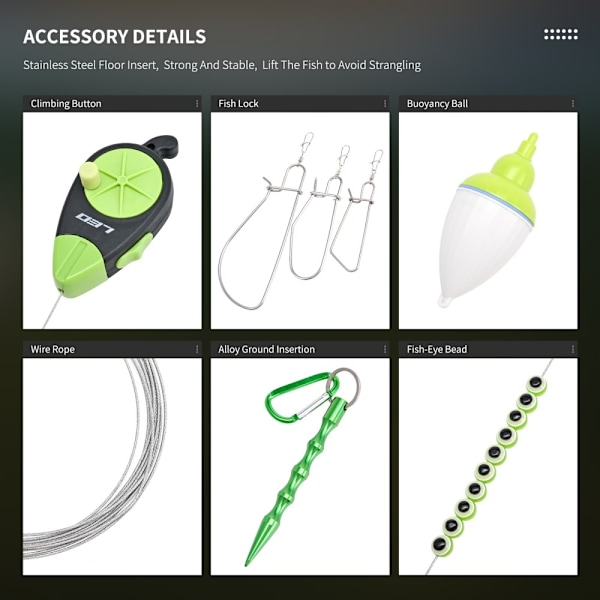 LEO Fishing Stringer Clip ruostumattomasta teräksestä Fishing Stringer Clip 7 napsautuksella Green