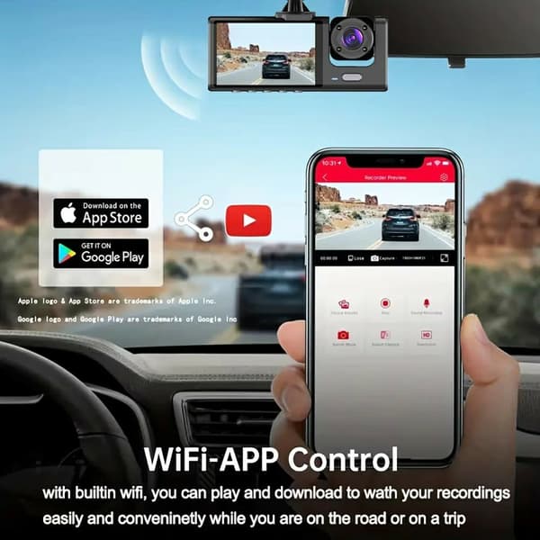 WIFI bildashkamera HD 1080P foran/innvendig/bak 3 linser bil-DVR parkeringsopptaker Black