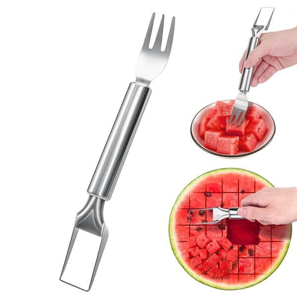 Watermelon Cutter med Dobbelt Hode i Rustfritt Stål - Fruktgaffel Kjøkkenverktøy Silver