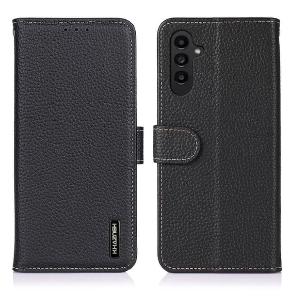 For Samsung Galaxy A37 5G KHAZNEH Genuine Cow Leather Phone Case Svart