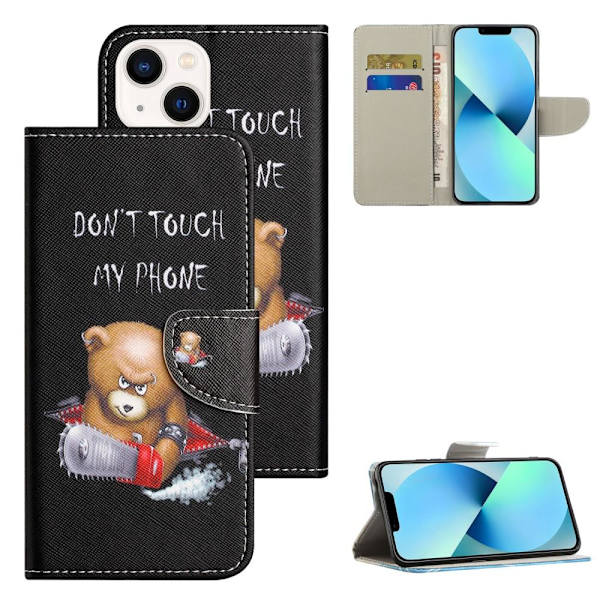 För iPhone 15 Plånbok Fodral Skal Mönster Skydd - Bear Svart