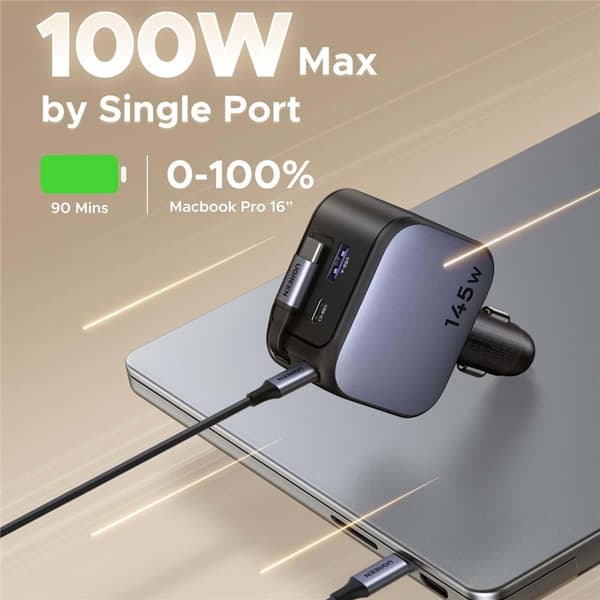 UGREEN 100W hurtig oplader bil (USB-A + 2 USB-C-porte) med indtrækkeligt 60W USB-C-kabel Black