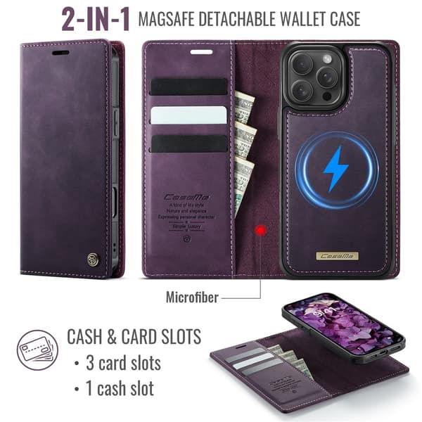 CASEME Til iPhone 16 Pro Max Pungcover Magnetisk Aftagelig RFID Beskyttelse Purple
