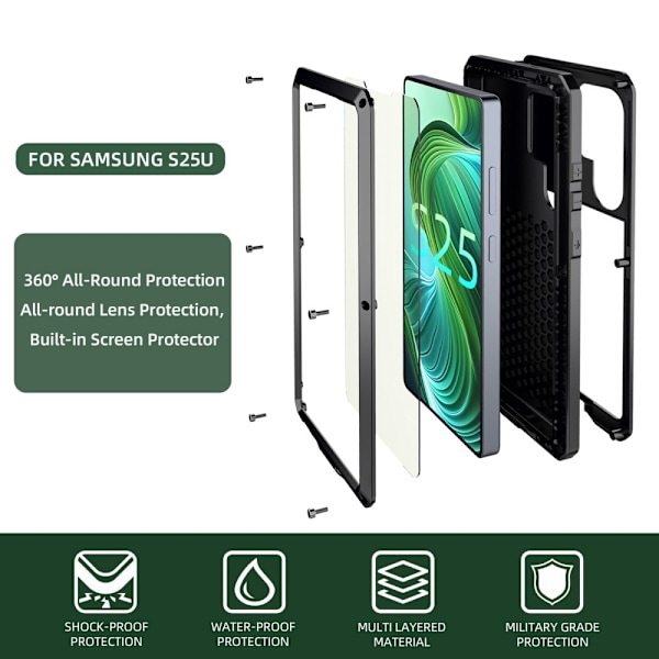 Samsung Galaxy S25 Ultra Heavy Duty Silikon + Metall Fodral Skal + Härdat Glas Svart