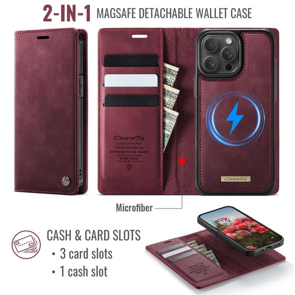 CASEME Til iPhone 15 Pro Max Lommebokdeksel Magnetisk Avtakbar RFID Beskyttelse - Coffee Red