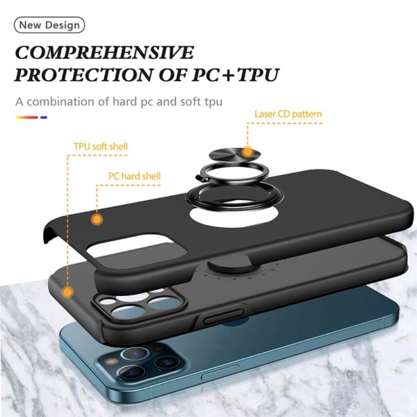 iPhone 13 Pro Max Finger Ring Kickstand Hybrid Case - Svart Black