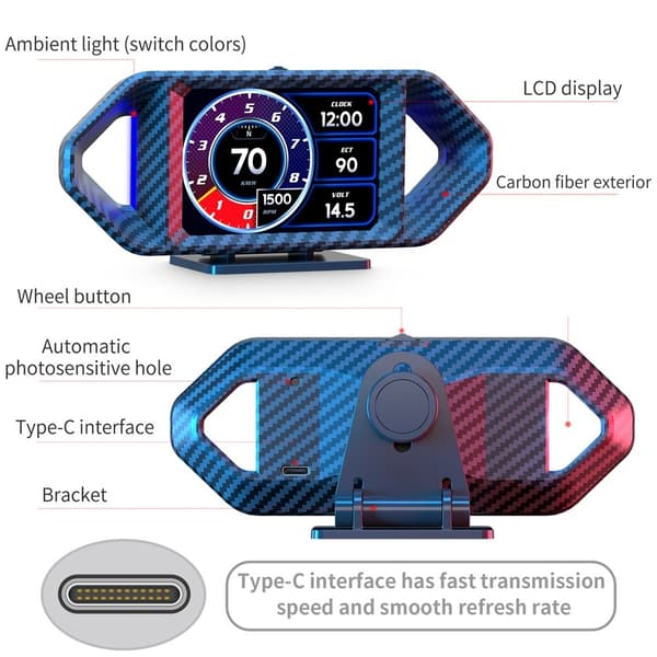 Speedometer med Head-Up Display (HUD), LCD, OBD og GPS – turtall, drivstofforbruk og stigning Blue
