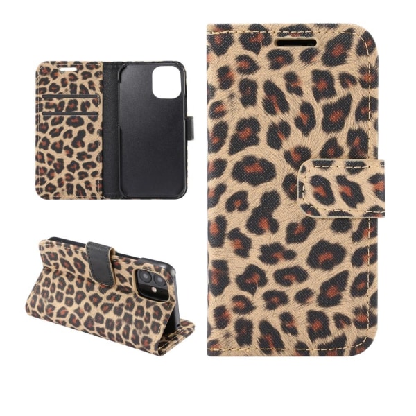 Leopard Pattern Wallet Cover for iPhone 12 Mini Brown