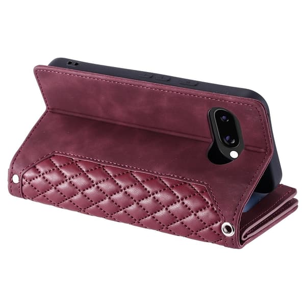 For Google Pixel 10a Wallet Case PU Leather Rhombus Pattern with Wrist Strap- Red Red