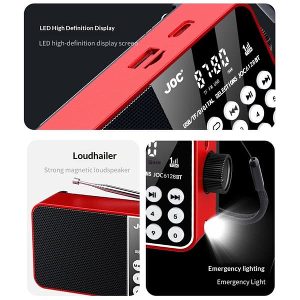 6128BT digital radio med LED-display, nødlys, Bluetooth-støtte og TF-kortleser. Red