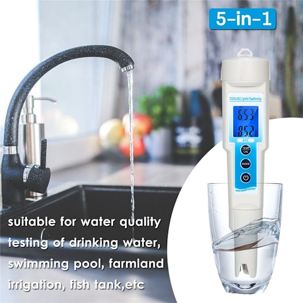 Måler 5-i-1 Vannkvalitet / TDS / EC / pH / Salinitet / Temperatur White