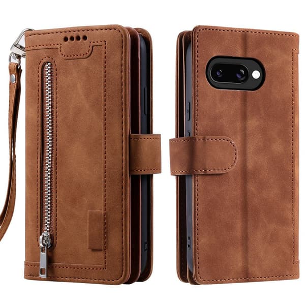 Til Google Pixel 9A Etui med Lynlåslomme og 9 Kortlommer Brown