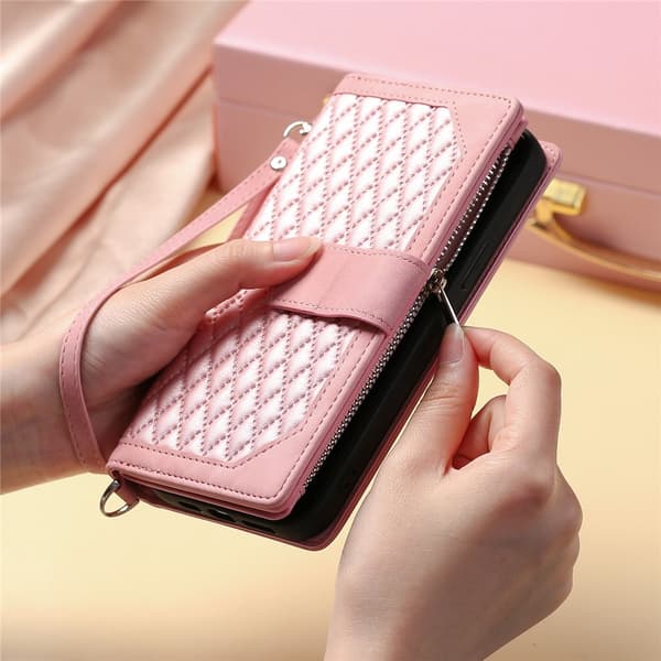 För Google Pixel 10 Pro XL Zipper Wallet Case Rhombus Telefonfodral Rosa