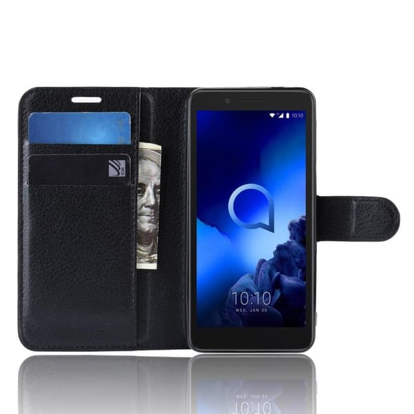 Litch Skin PU Walle Case hvid stativ til Alcatel 1C 2019 - Sort Black