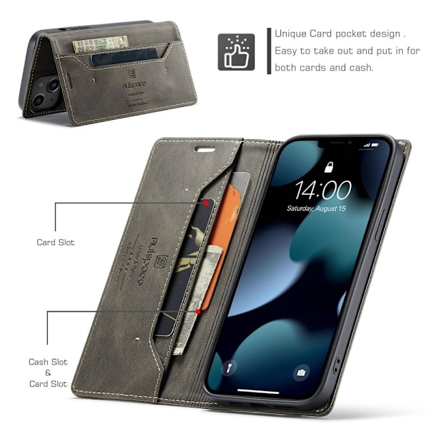 AUTSPACE A01 Retro tegnebog taske til iPhone 13 - Kaffe Brown