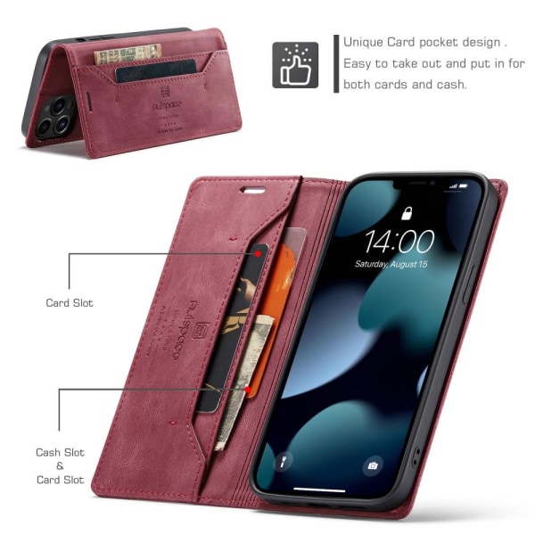 AUTSPACE A01 Retro tegnebog taske til iPhone 13 Pro Max - Rød Red