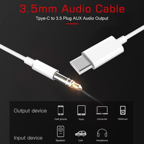 USB-C til 3,5 mm lyd-AUX-adapterkabel til analog overførsel White