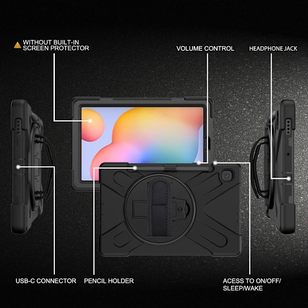 Samsung Galaxy Tab S6 Lite Heavy Duty Armor skal med axelrem Svart