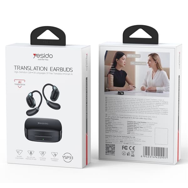 YESIDO-oversættelsesheadset – Bluetooth AI-oversættelse, Open-Ear – Sort Black