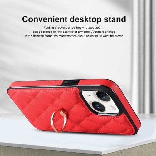 iPhone 14 Etui med Rutermønster på Bakdekselet, Ringstativ - Rød Red