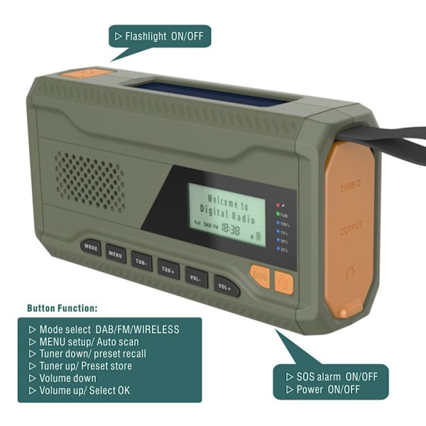 Solar Power Handvev DAB FM Radio Ficklampa 4500mAh Power Bank Grön