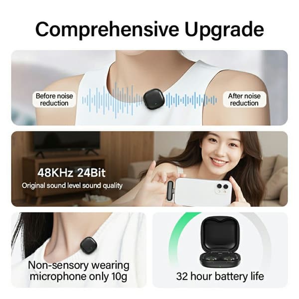 Mikrofoni iPhone 15/16/Android-laitteelle, melunvaimennus, Lavalier USB-C -vastaanotin Black
