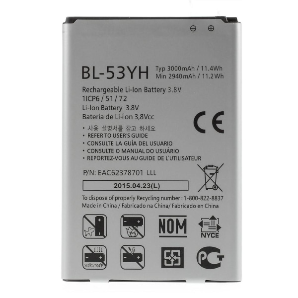 Til LG G3 3.80V 2940mAh Li-Polymer Batteri Udskiftning BL-53YH) Silver