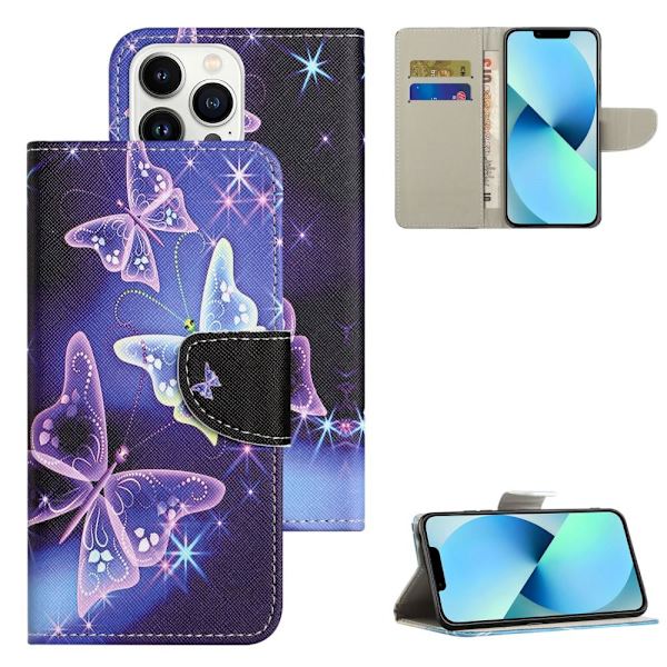 Til iPhone 15 Pro Wallet Stand Case Telefoncover - Sommerfugle Purple