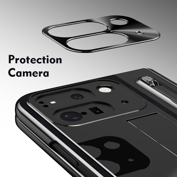 För Google Pixel 9 Pro Fold 5G Fodral Kickstand Läder+PC Skal med Härdat Glas och Styluspenna - Svart Svart
