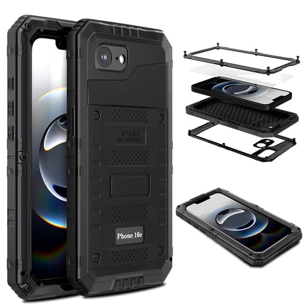IP68 vanntett deksel til iPhone 17e / 16e metall + silikon med skjermbeskytter Black