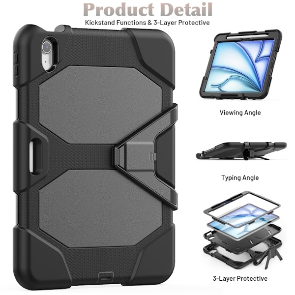 Til iPad Air 11 (2024) Cover med Skærmbeskytter og Stativ PC+Silikone - Sort Black