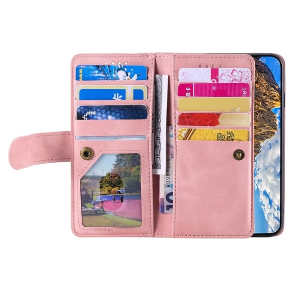 Til iPhone 17e / 16e Etui med Lynlåslomme og 9 Kortlommer Pink gold