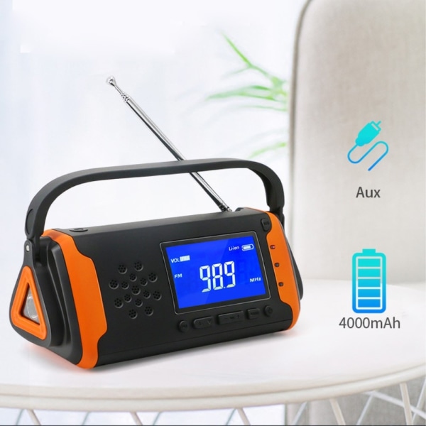 4000mAh nöd radio AM/FM/WB Ficklampa PowerBank Solladdning LCD Orange